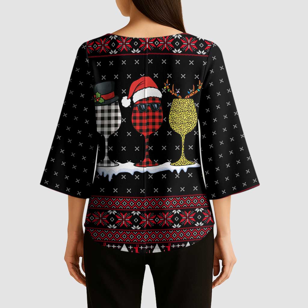 Santa Just Bring Wine Christmas Kimono Sleeve Blouse Xmas Holiday Patterns - Wonder Print Shop