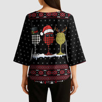 Santa Just Bring Wine Christmas Kimono Sleeve Blouse Xmas Holiday Patterns - Wonder Print Shop