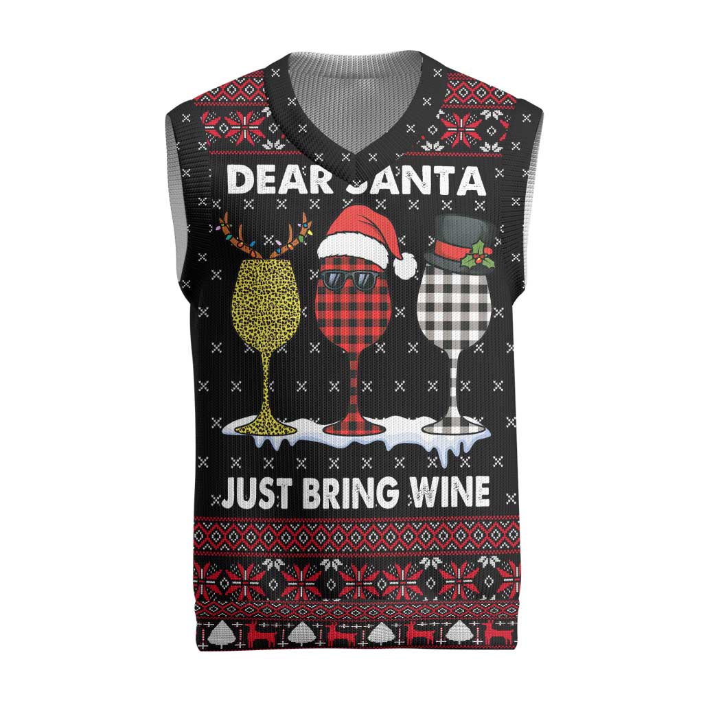 Santa Just Bring Wine Christmas Knitted V-Neck Vest Xmas Holiday Patterns - Wonder Print Shop