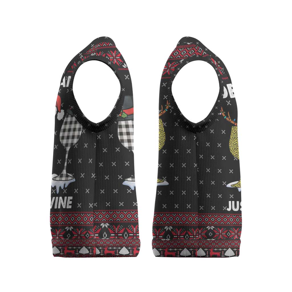 Santa Just Bring Wine Christmas Knitted V-Neck Vest Xmas Holiday Patterns - Wonder Print Shop