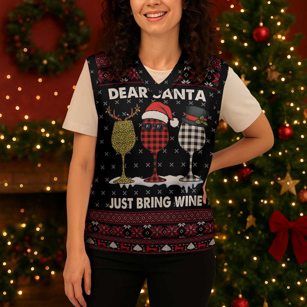 Santa Just Bring Wine Christmas Knitted V-Neck Vest Xmas Holiday Patterns - Wonder Print Shop