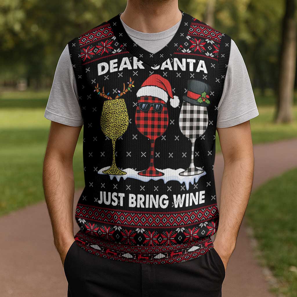 Santa Just Bring Wine Christmas Knitted V-Neck Vest Xmas Holiday Patterns - Wonder Print Shop