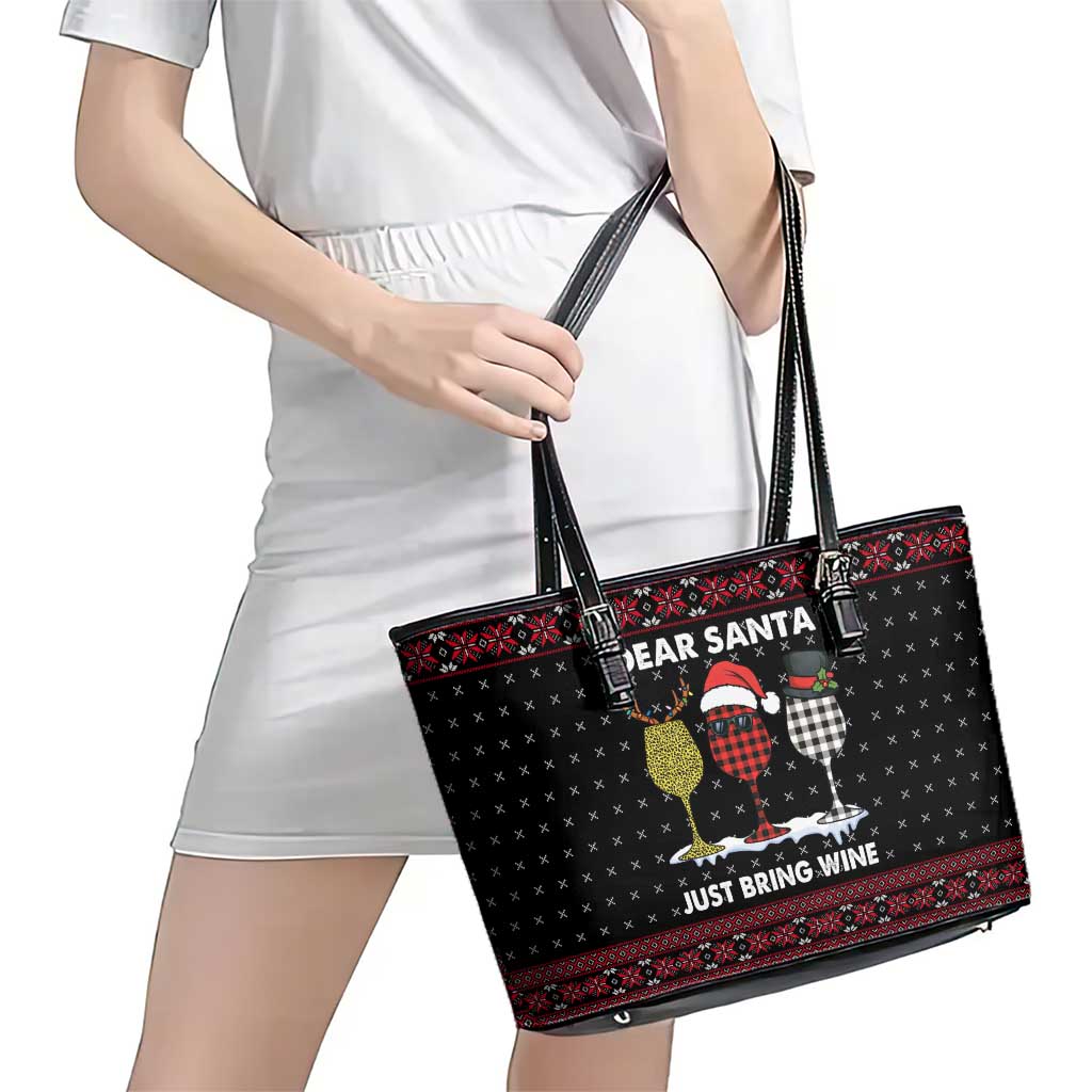 Santa Just Bring Wine Christmas Leather Tote Bag Xmas Holiday Patterns - Wonder Print Shop