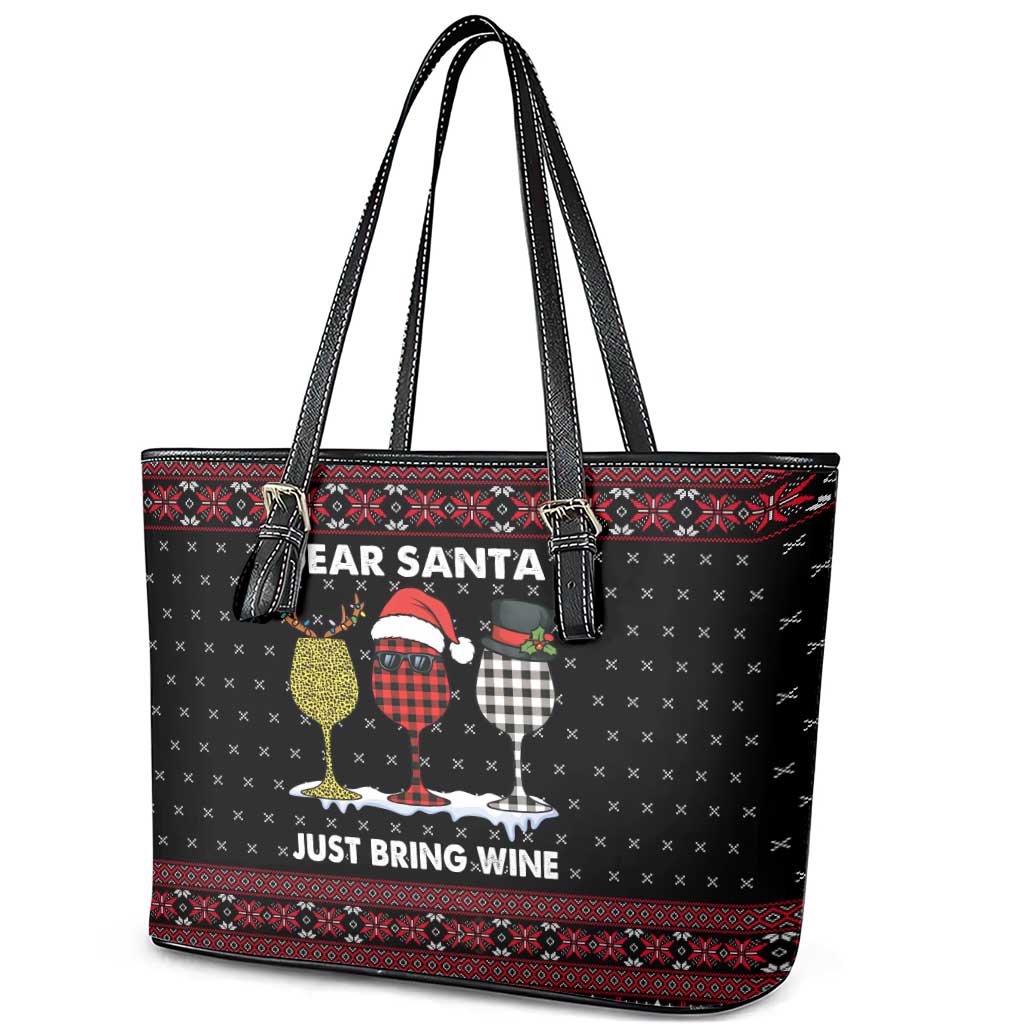 Santa Just Bring Wine Christmas Leather Tote Bag Xmas Holiday Patterns - Wonder Print Shop