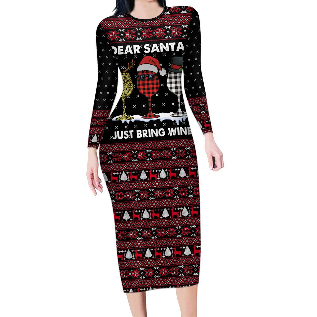 Santa Just Bring Wine Christmas Long Sleeve Bodycon Dress Xmas Holiday Patterns - Wonder Print Shop