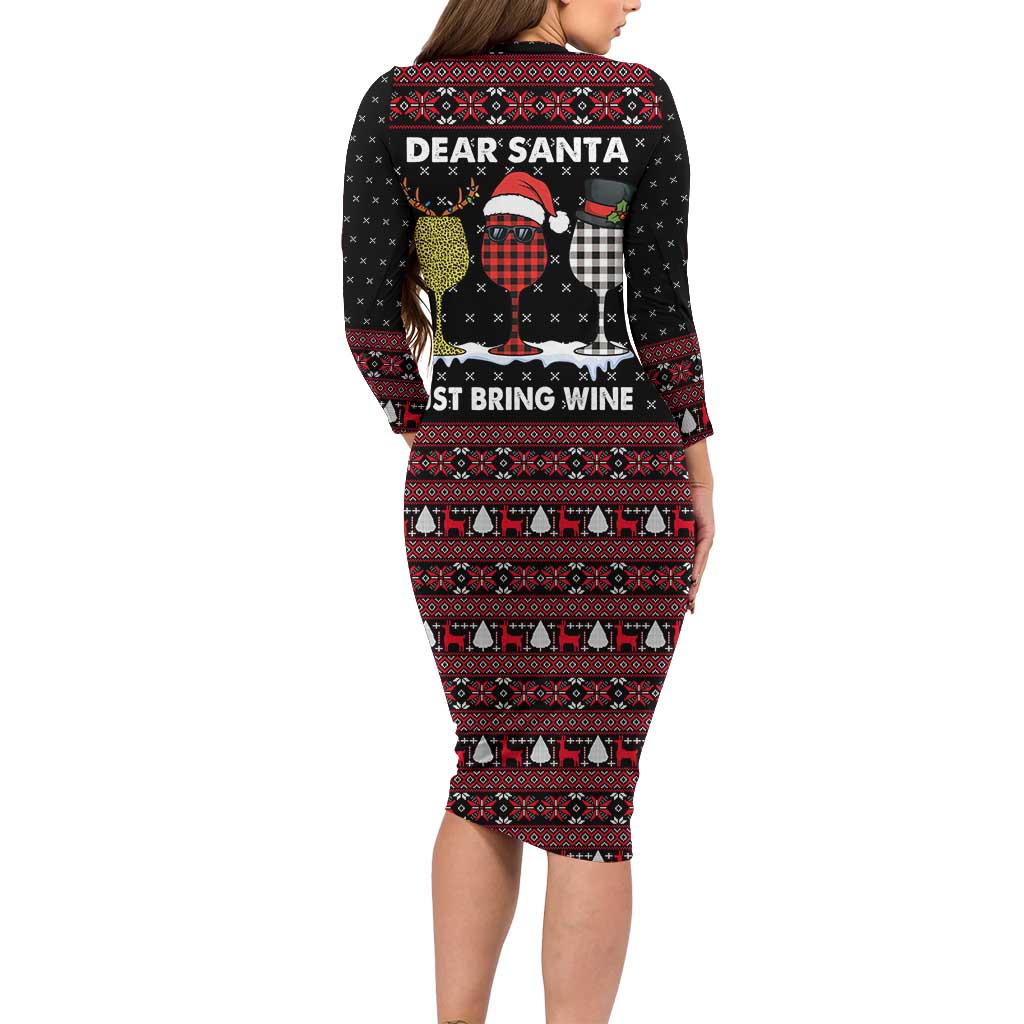 Santa Just Bring Wine Christmas Long Sleeve Bodycon Dress Xmas Holiday Patterns - Wonder Print Shop