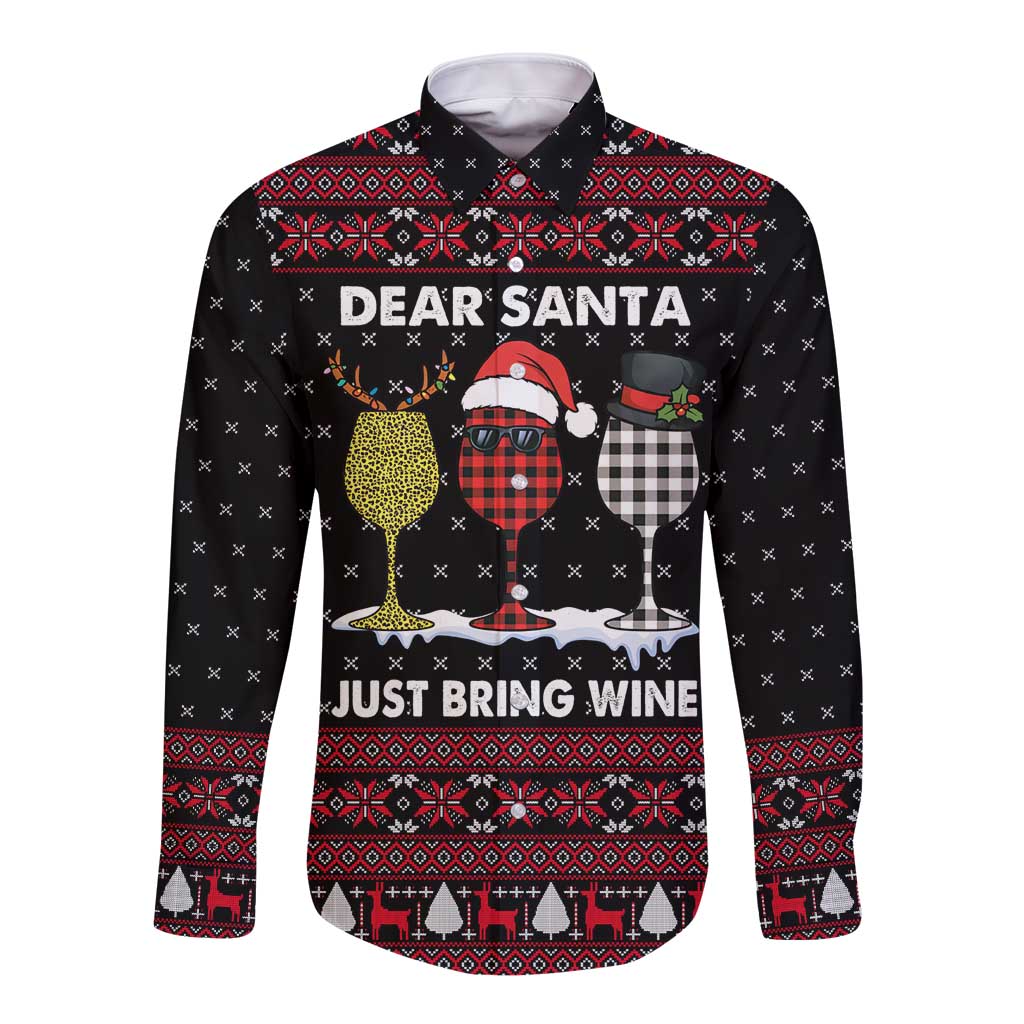 Santa Just Bring Wine Christmas Long Sleeve Button Shirt Xmas Holiday Patterns - Wonder Print Shop