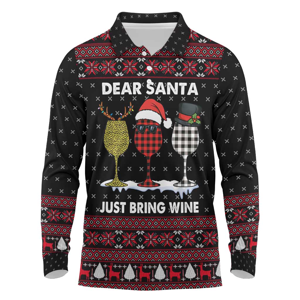 Santa Just Bring Wine Christmas Long Sleeve Polo Shirt Xmas Holiday Patterns - Wonder Print Shop