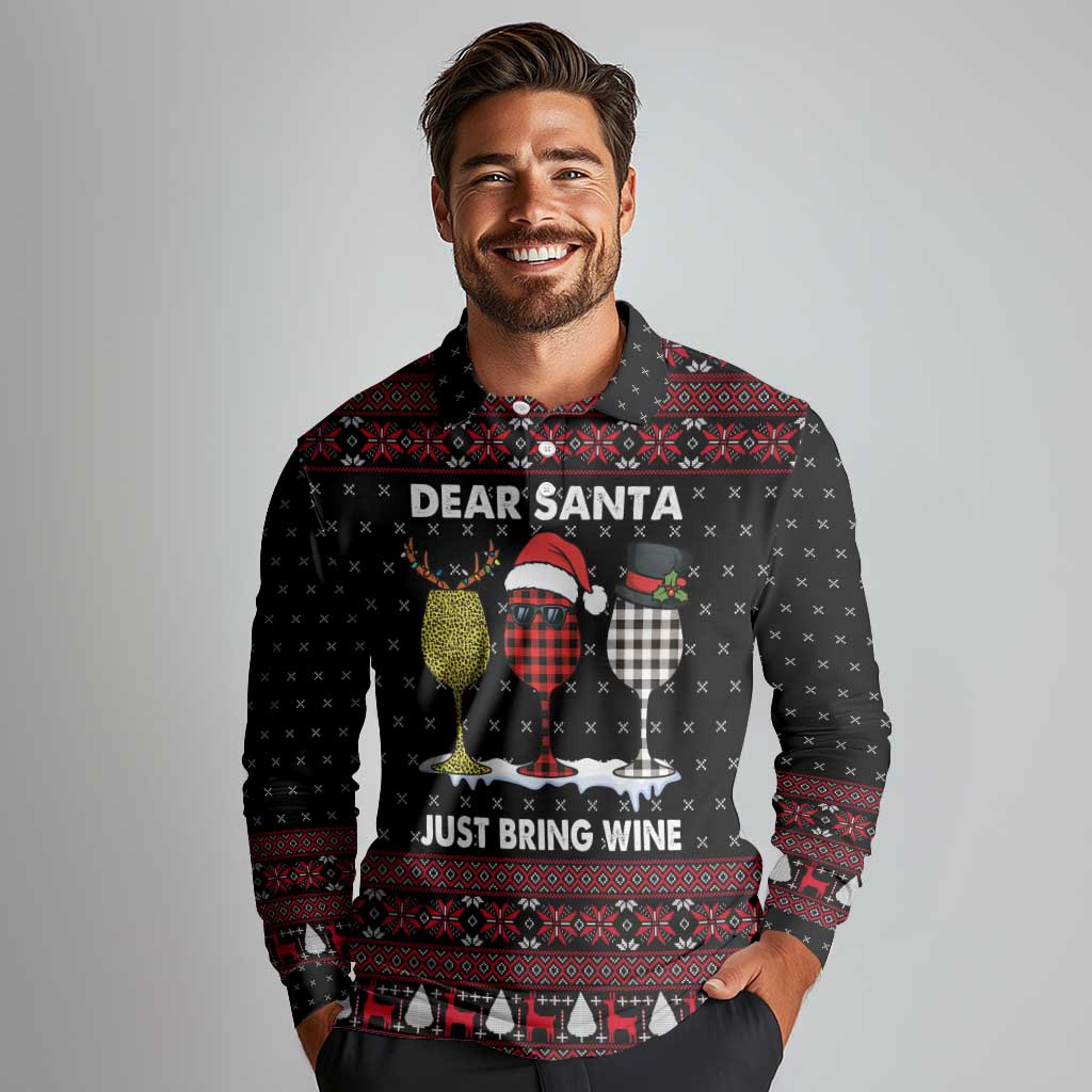 Santa Just Bring Wine Christmas Long Sleeve Polo Shirt Xmas Holiday Patterns - Wonder Print Shop