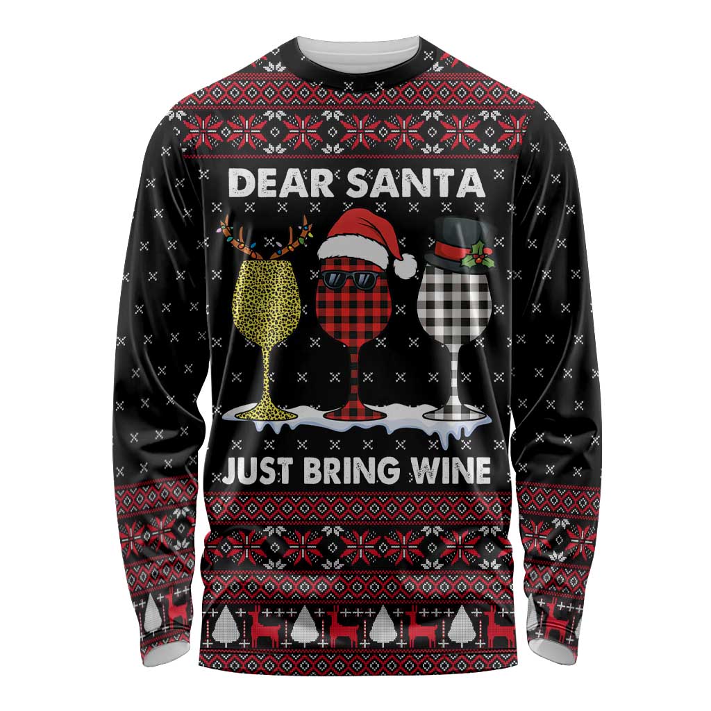 Santa Just Bring Wine Christmas Long Sleeve Shirt Xmas Holiday Patterns - Wonder Print Shop