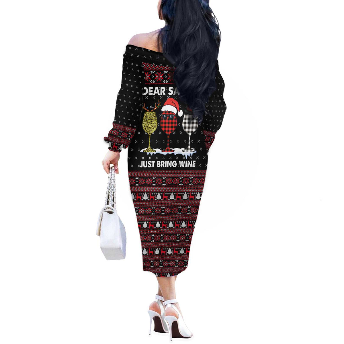 Santa Just Bring Wine Christmas Off The Shoulder Long Sleeve Dress Xmas Holiday Patterns - Wonder Print Shop