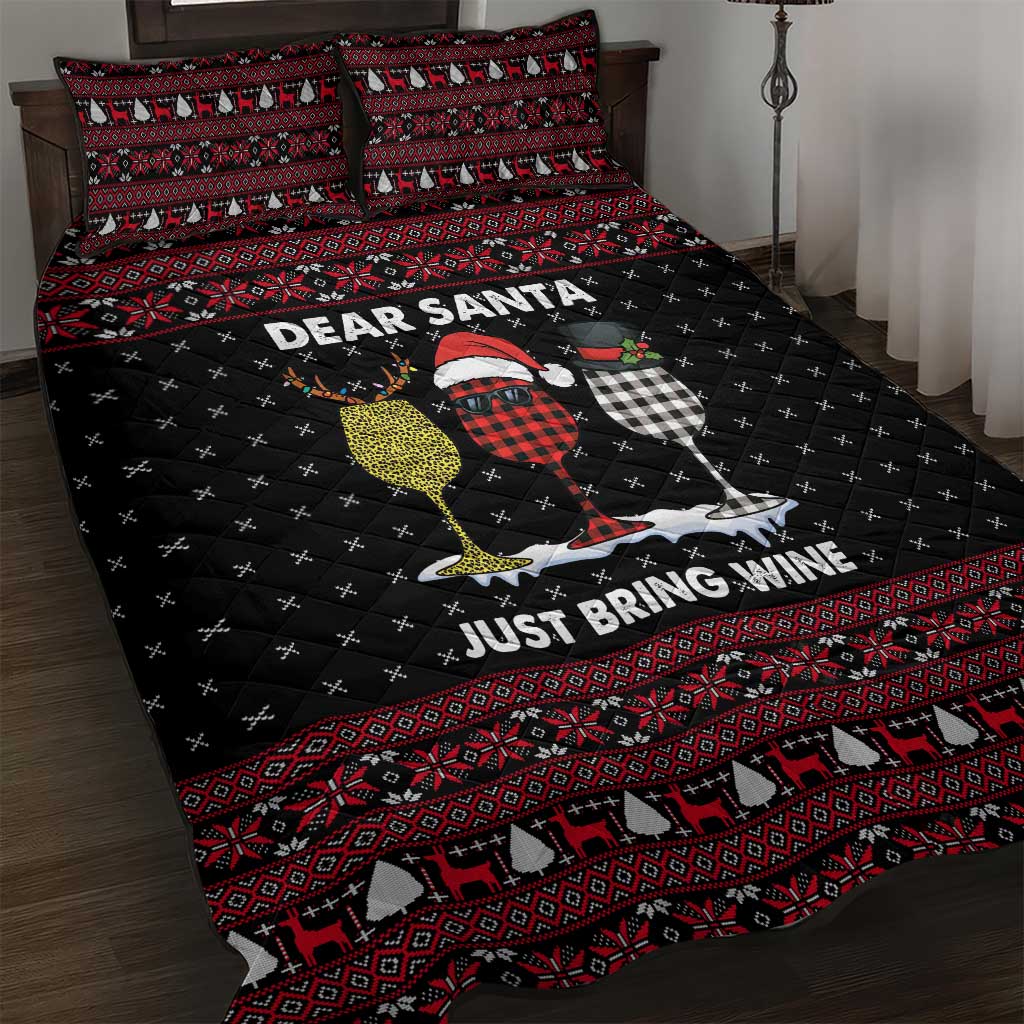 Santa Just Bring Wine Christmas Quilt Bed Set Xmas Holiday Patterns - Wonder Print Shop
