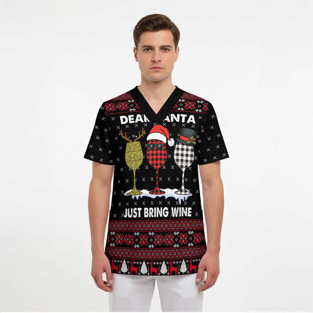 Santa Just Bring Wine Christmas Scrub Top Xmas Holiday Patterns - Wonder Print Shop