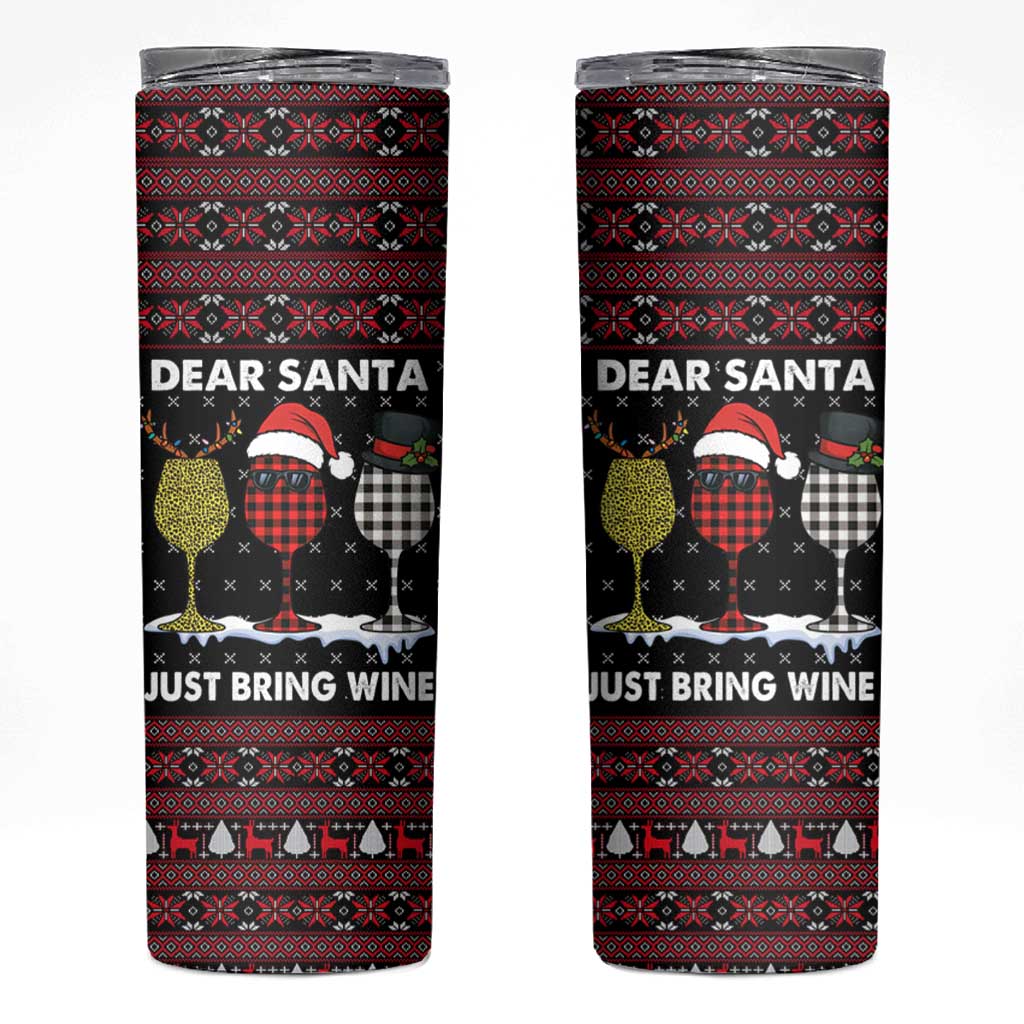 Santa Just Bring Wine Christmas Skinny Tumbler Xmas Holiday Patterns - Wonder Print Shop