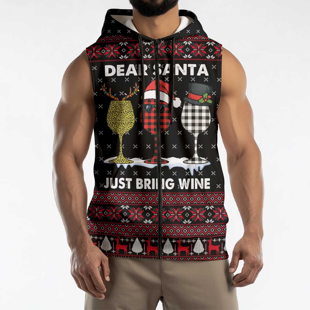 Santa Just Bring Wine Christmas Sleeveless Zip Hoodie Xmas Holiday Patterns - Wonder Print Shop