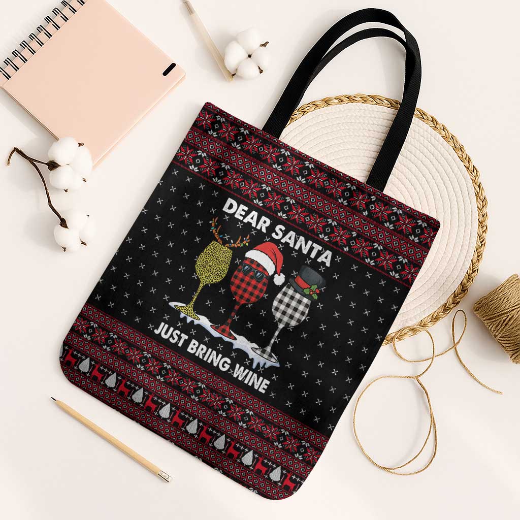Santa Just Bring Wine Christmas Tote Bag Xmas Holiday Patterns - Wonder Print Shop