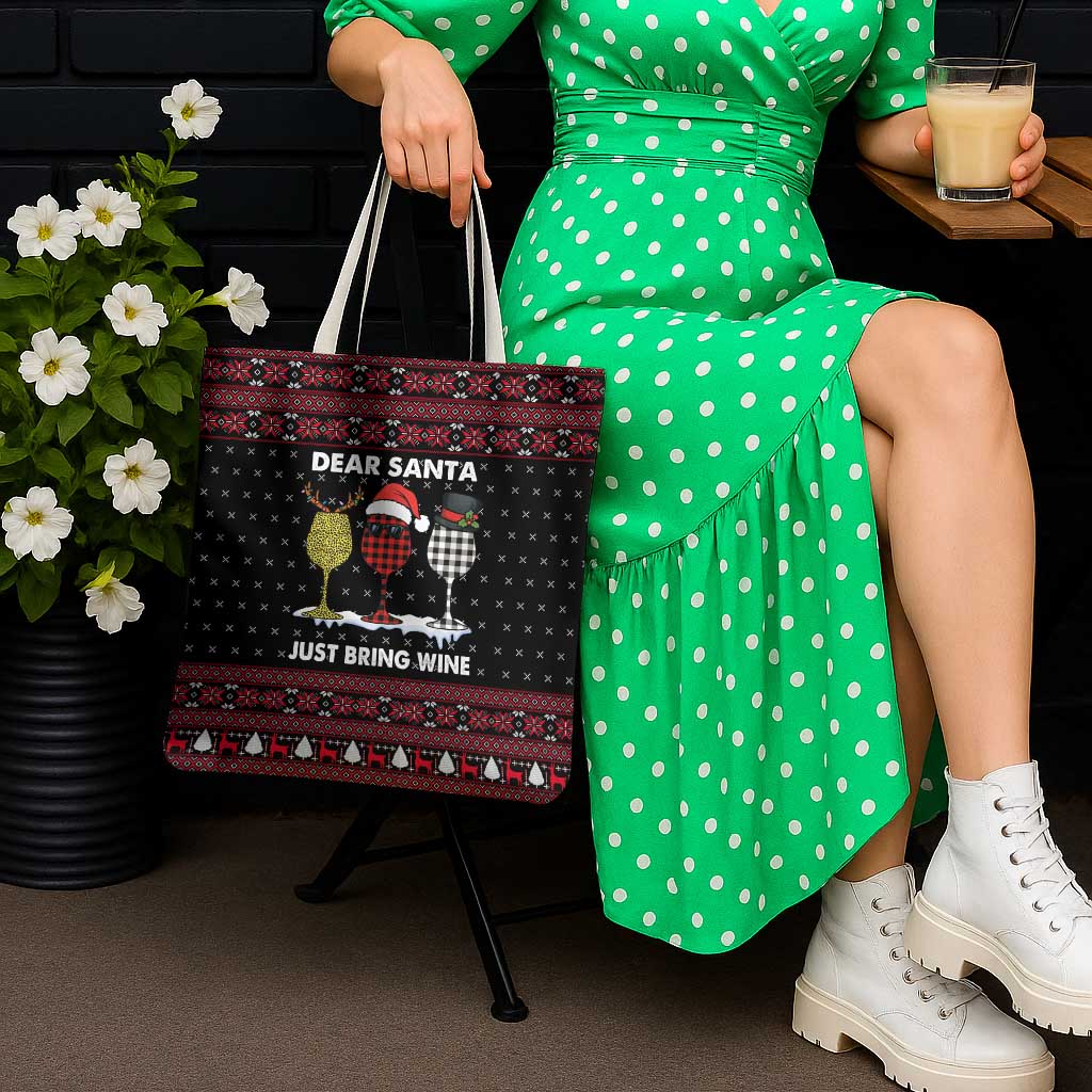 Santa Just Bring Wine Christmas Tote Bag Xmas Holiday Patterns - Wonder Print Shop