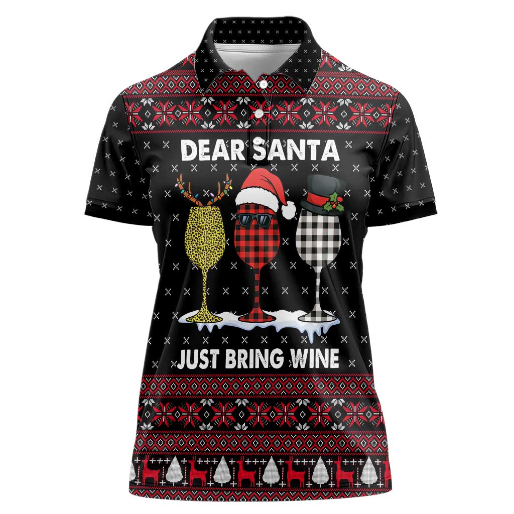 Santa Just Bring Wine Christmas Women Polo Shirt Xmas Holiday Patterns - Wonder Print Shop