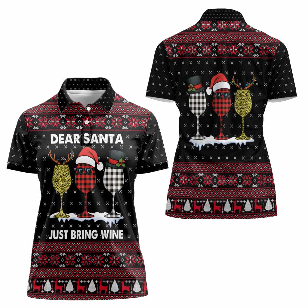 Santa Just Bring Wine Christmas Women Polo Shirt Xmas Holiday Patterns - Wonder Print Shop