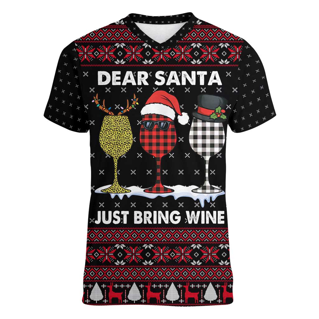 Santa Just Bring Wine Christmas Women V-Neck T-Shirt Xmas Holiday Patterns - Wonder Print Shop