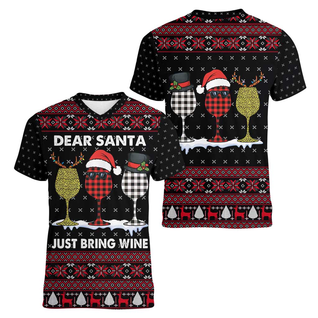 Santa Just Bring Wine Christmas Women V-Neck T-Shirt Xmas Holiday Patterns - Wonder Print Shop
