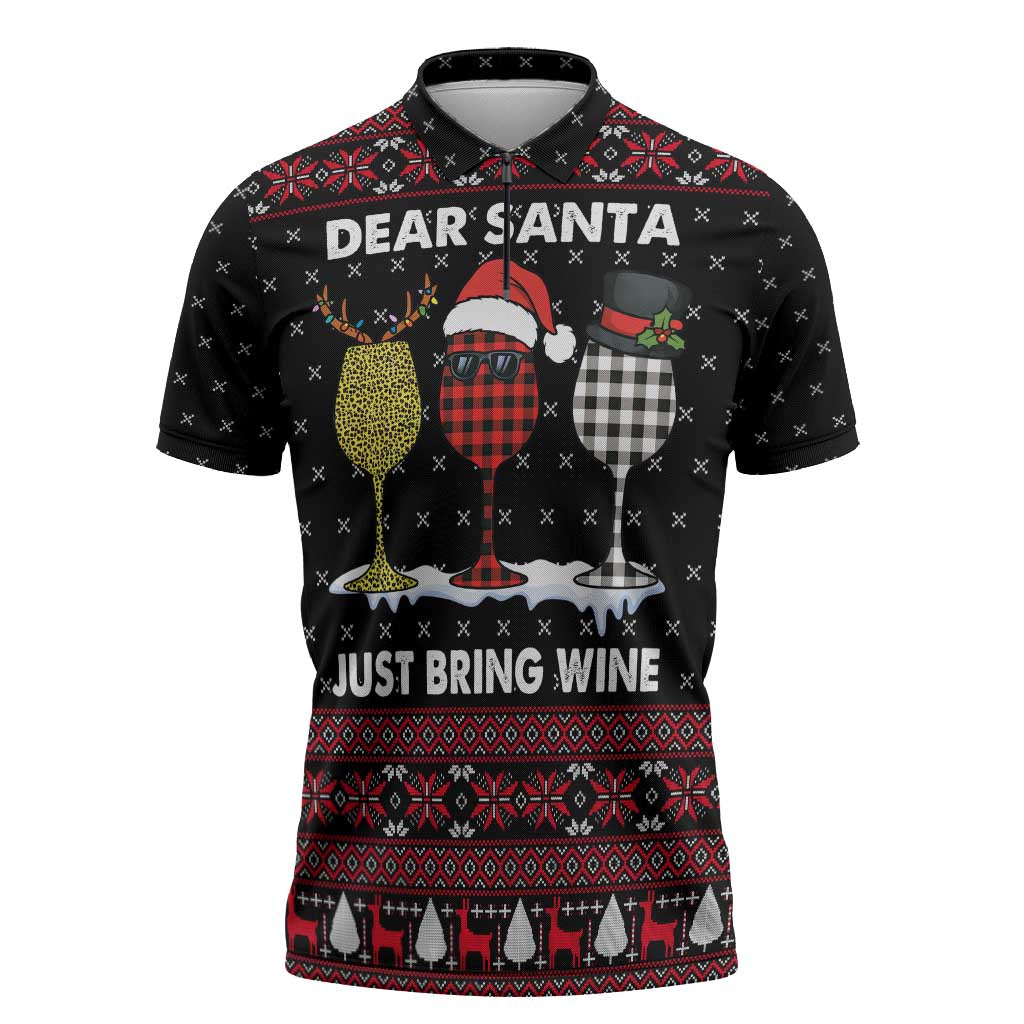Santa Just Bring Wine Christmas Zipper Polo Shirt Xmas Holiday Patterns - Wonder Print Shop