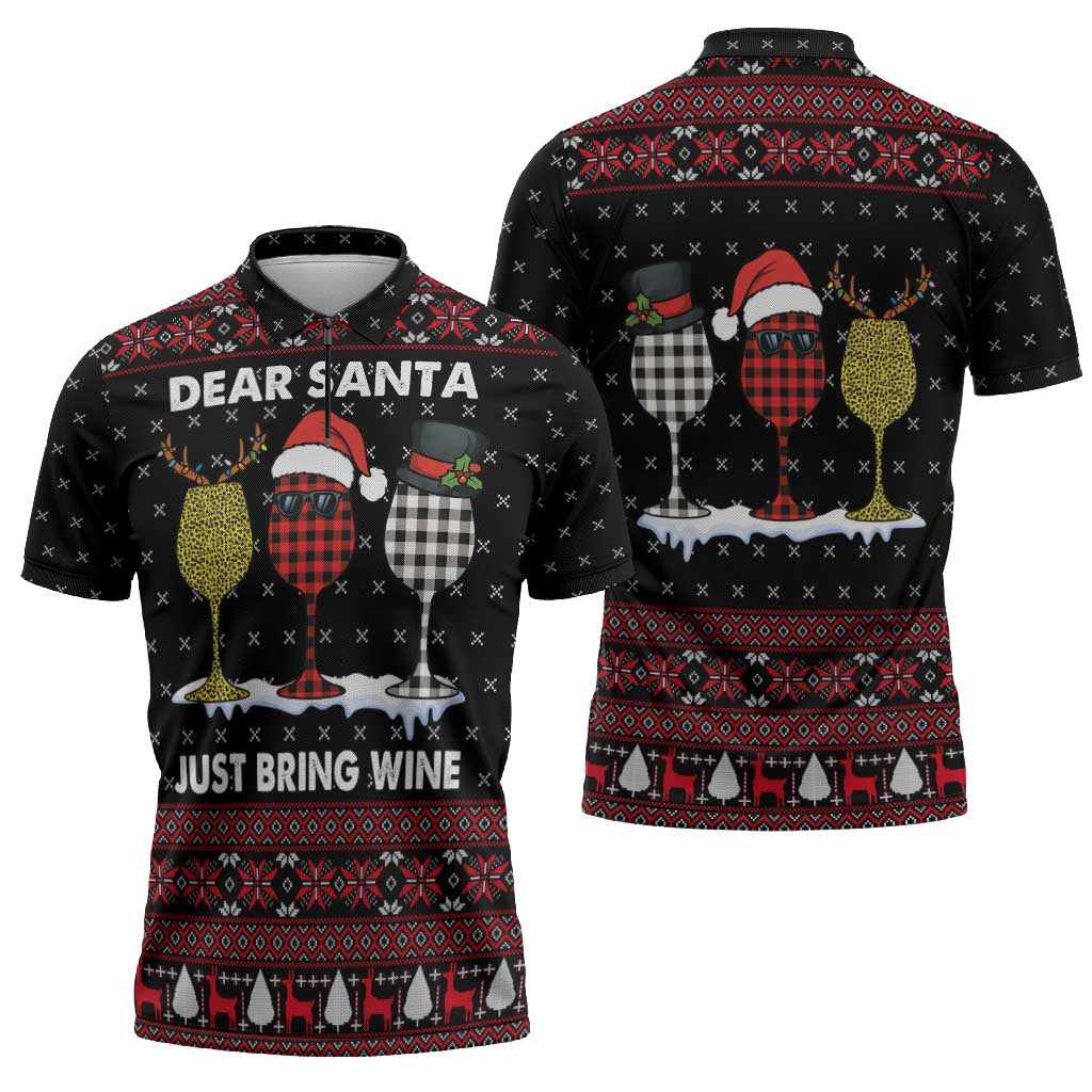 Santa Just Bring Wine Christmas Zipper Polo Shirt Xmas Holiday Patterns - Wonder Print Shop