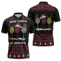 Santa Just Bring Wine Christmas Zipper Polo Shirt Xmas Holiday Patterns - Wonder Print Shop