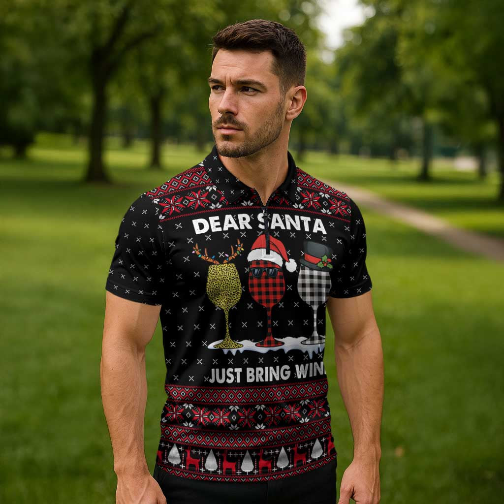 Santa Just Bring Wine Christmas Zipper Polo Shirt Xmas Holiday Patterns - Wonder Print Shop
