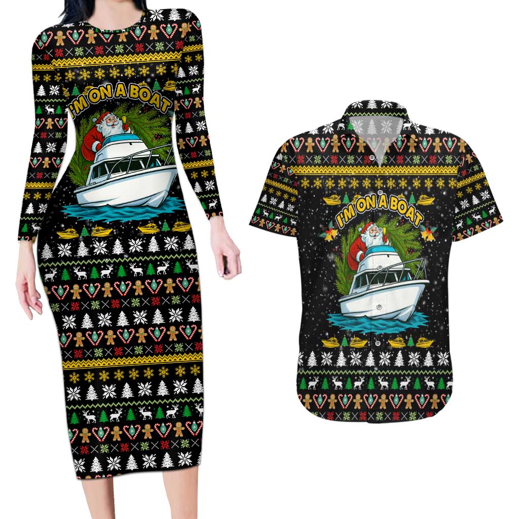 Santa On A Boat Christmas Couples Matching Long Sleeve Bodycon Dress and Hawaiian Shirt Xmas Holiday Patterns - Wonder Print Shop