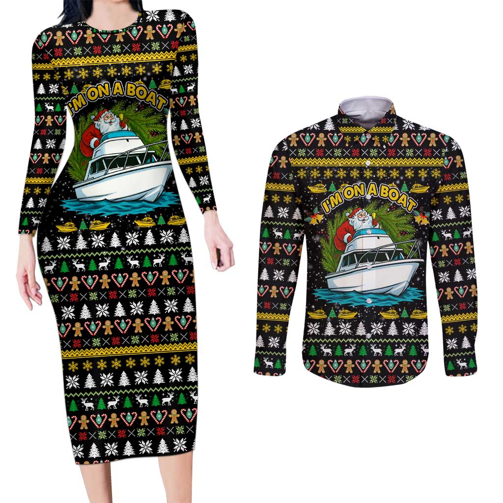 Santa On A Boat Christmas Couples Matching Long Sleeve Bodycon Dress and Long Sleeve Button Shirt Xmas Holiday Patterns - Wonder Print Shop