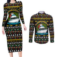 Santa On A Boat Christmas Couples Matching Long Sleeve Bodycon Dress and Long Sleeve Button Shirt Xmas Holiday Patterns - Wonder Print Shop