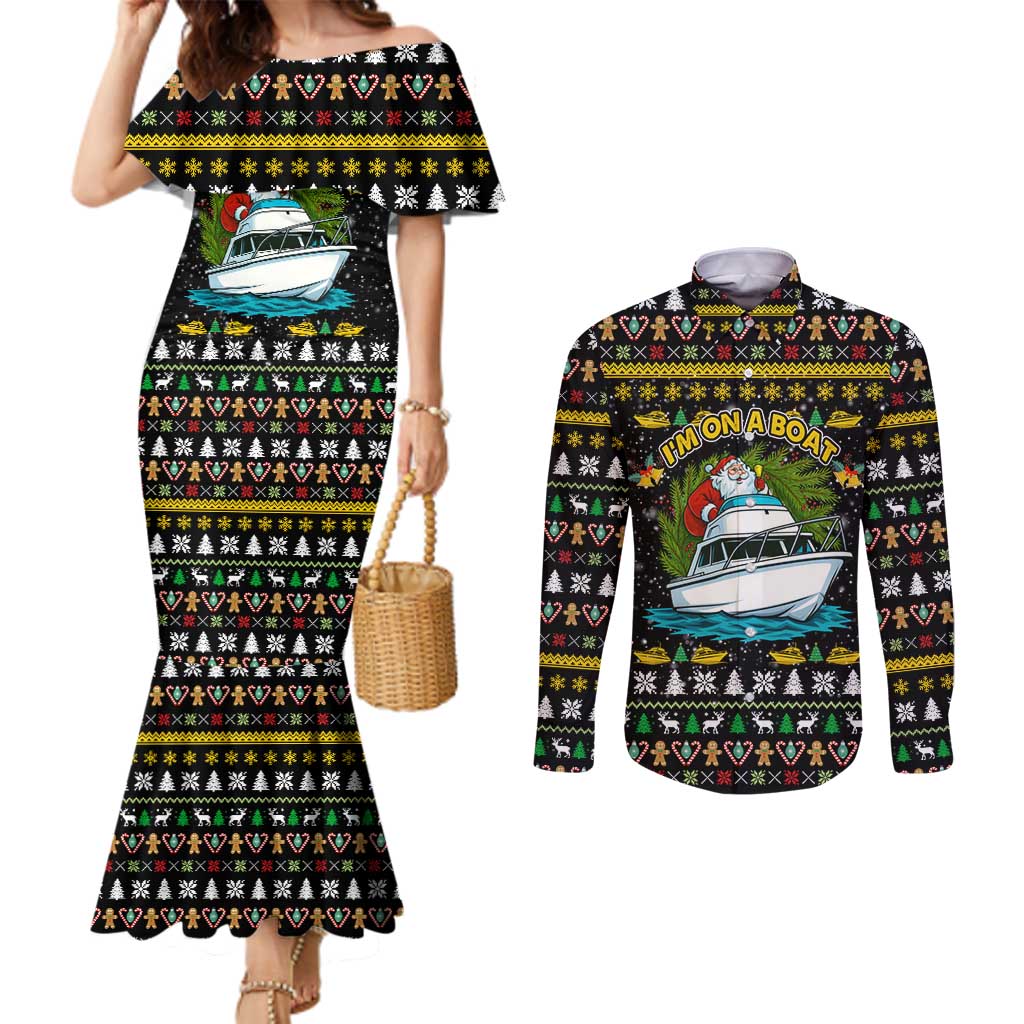 Santa On A Boat Christmas Couples Matching Mermaid Dress and Long Sleeve Button Shirt Xmas Holiday Patterns - Wonder Print Shop