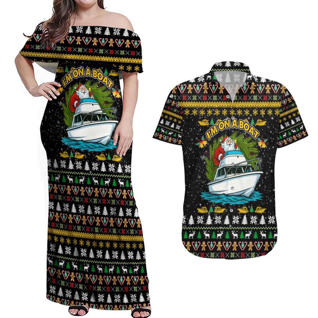 Santa On A Boat Christmas Couples Matching Off Shoulder Maxi Dress and Hawaiian Shirt Xmas Holiday Patterns - Wonder Print Shop