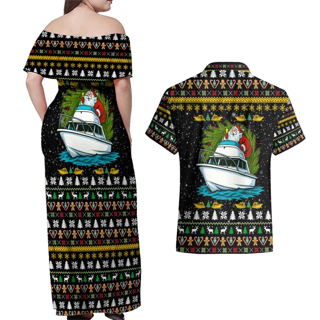 Santa On A Boat Christmas Couples Matching Off Shoulder Maxi Dress and Hawaiian Shirt Xmas Holiday Patterns - Wonder Print Shop