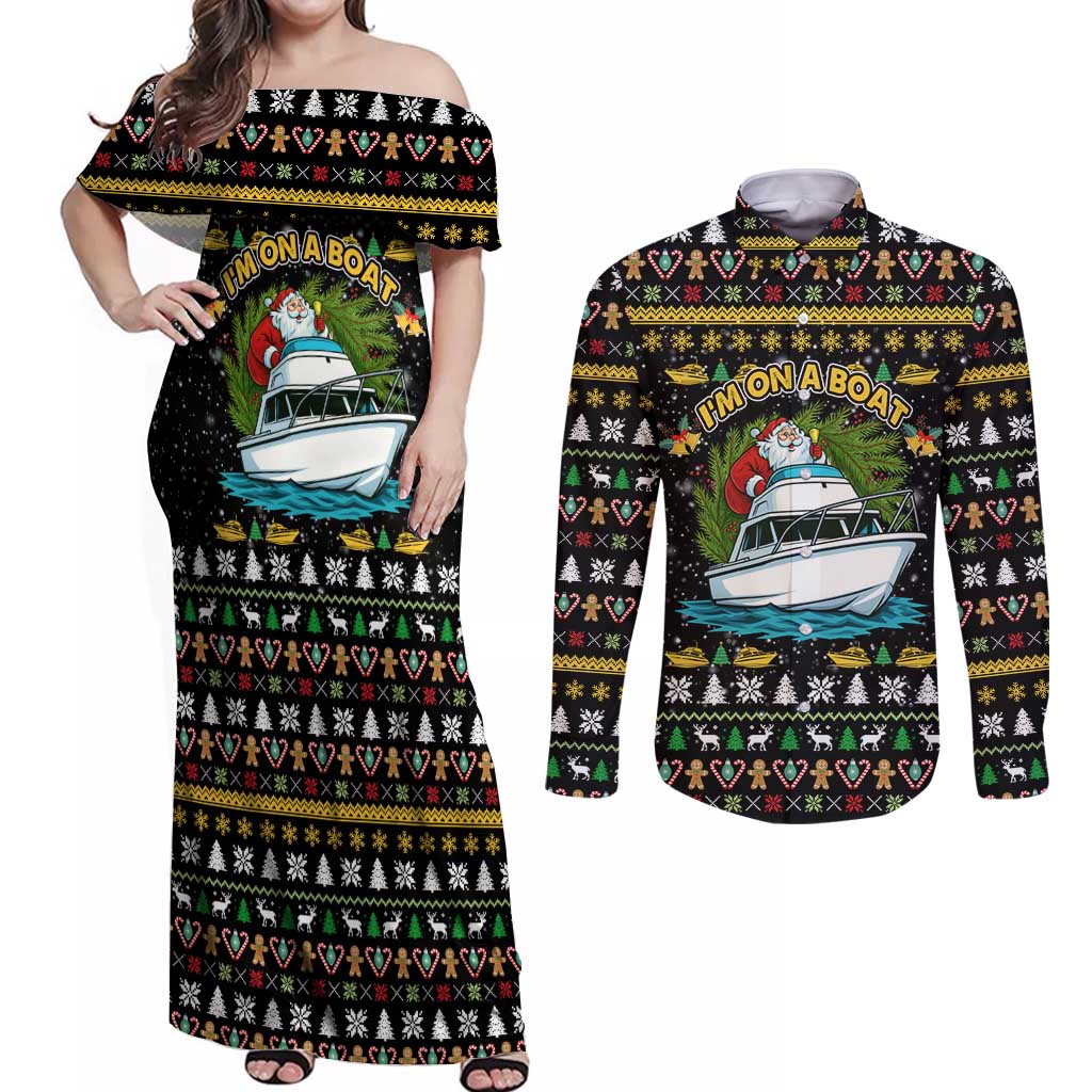 Santa On A Boat Christmas Couples Matching Off Shoulder Maxi Dress and Long Sleeve Button Shirt Xmas Holiday Patterns - Wonder Print Shop