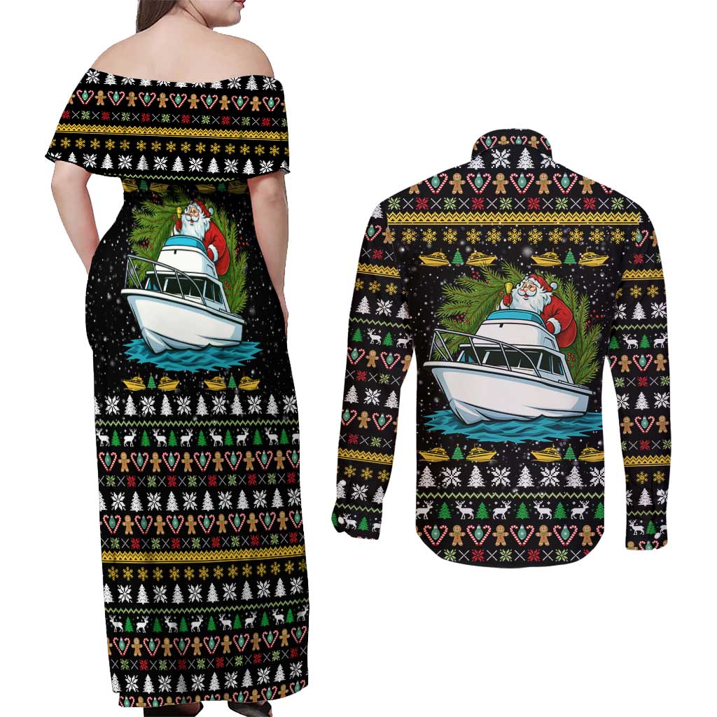Santa On A Boat Christmas Couples Matching Off Shoulder Maxi Dress and Long Sleeve Button Shirt Xmas Holiday Patterns - Wonder Print Shop
