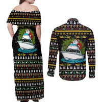 Santa On A Boat Christmas Couples Matching Off Shoulder Maxi Dress and Long Sleeve Button Shirt Xmas Holiday Patterns - Wonder Print Shop