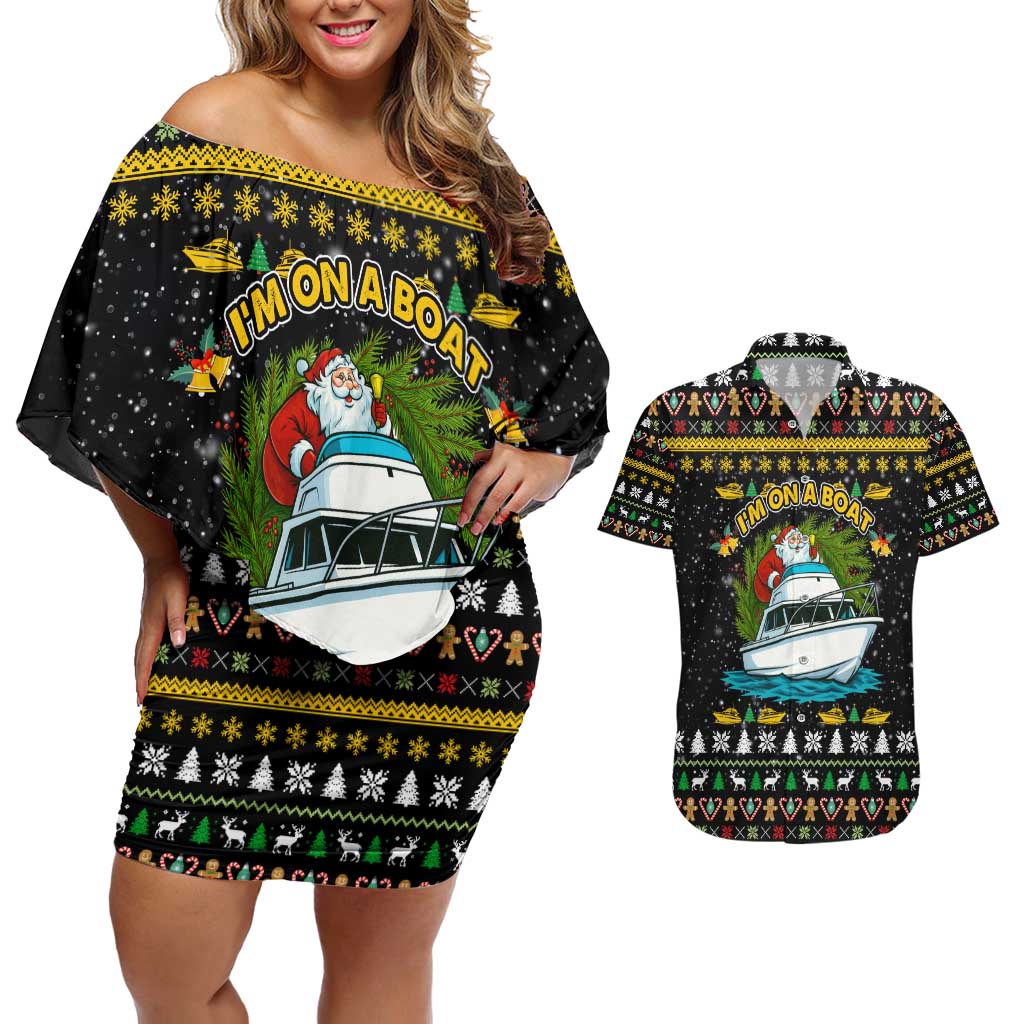 Santa On A Boat Christmas Couples Matching Off Shoulder Short Dress and Hawaiian Shirt Xmas Holiday Patterns - Wonder Print Shop