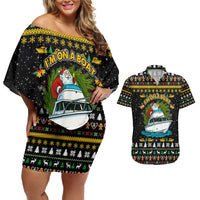 Santa On A Boat Christmas Couples Matching Off Shoulder Short Dress and Hawaiian Shirt Xmas Holiday Patterns - Wonder Print Shop