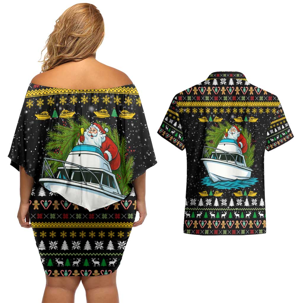 Santa On A Boat Christmas Couples Matching Off Shoulder Short Dress and Hawaiian Shirt Xmas Holiday Patterns - Wonder Print Shop