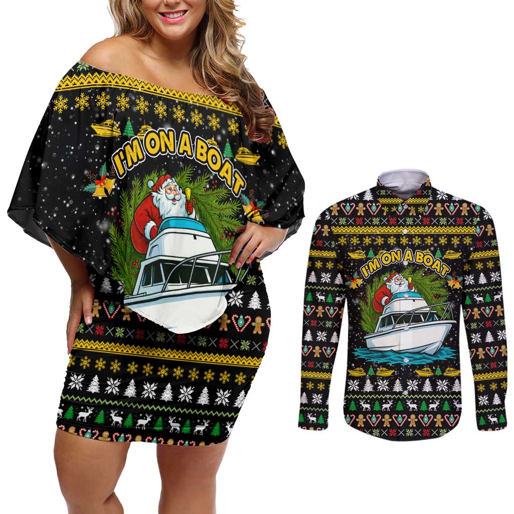 Santa On A Boat Christmas Couples Matching Off Shoulder Short Dress and Long Sleeve Button Shirt Xmas Holiday Patterns - Wonder Print Shop