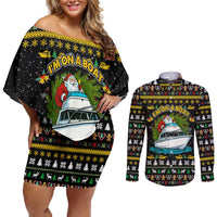 Santa On A Boat Christmas Couples Matching Off Shoulder Short Dress and Long Sleeve Button Shirt Xmas Holiday Patterns - Wonder Print Shop