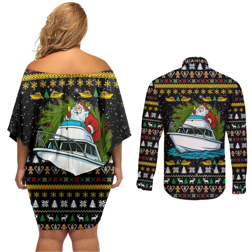 Santa On A Boat Christmas Couples Matching Off Shoulder Short Dress and Long Sleeve Button Shirt Xmas Holiday Patterns - Wonder Print Shop