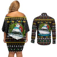 Santa On A Boat Christmas Couples Matching Off Shoulder Short Dress and Long Sleeve Button Shirt Xmas Holiday Patterns - Wonder Print Shop