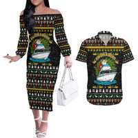 Santa On A Boat Christmas Couples Matching Off The Shoulder Long Sleeve Dress and Hawaiian Shirt Xmas Holiday Patterns - Wonder Print Shop