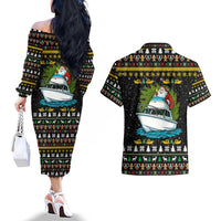 Santa On A Boat Christmas Couples Matching Off The Shoulder Long Sleeve Dress and Hawaiian Shirt Xmas Holiday Patterns - Wonder Print Shop
