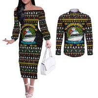 Santa On A Boat Christmas Couples Matching Off The Shoulder Long Sleeve Dress and Long Sleeve Button Shirt Xmas Holiday Patterns - Wonder Print Shop