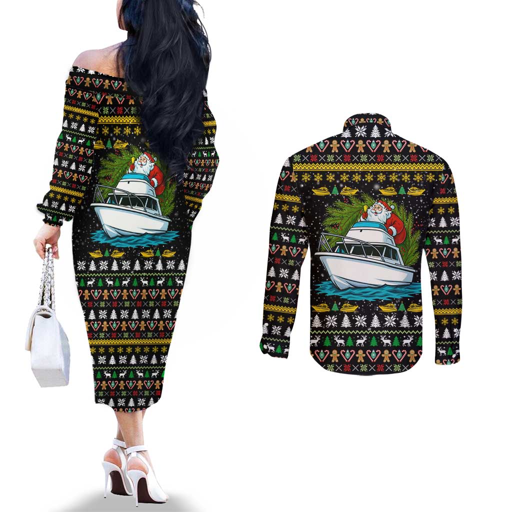 Santa On A Boat Christmas Couples Matching Off The Shoulder Long Sleeve Dress and Long Sleeve Button Shirt Xmas Holiday Patterns - Wonder Print Shop