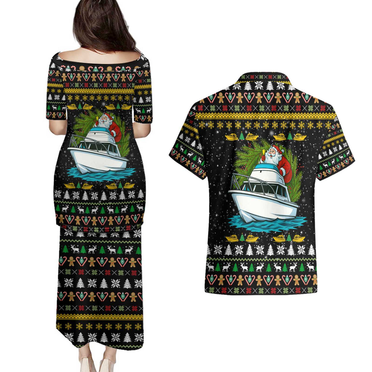 Santa On A Boat Christmas Couples Matching Puletasi and Hawaiian Shirt Xmas Holiday Patterns - Wonder Print Shop